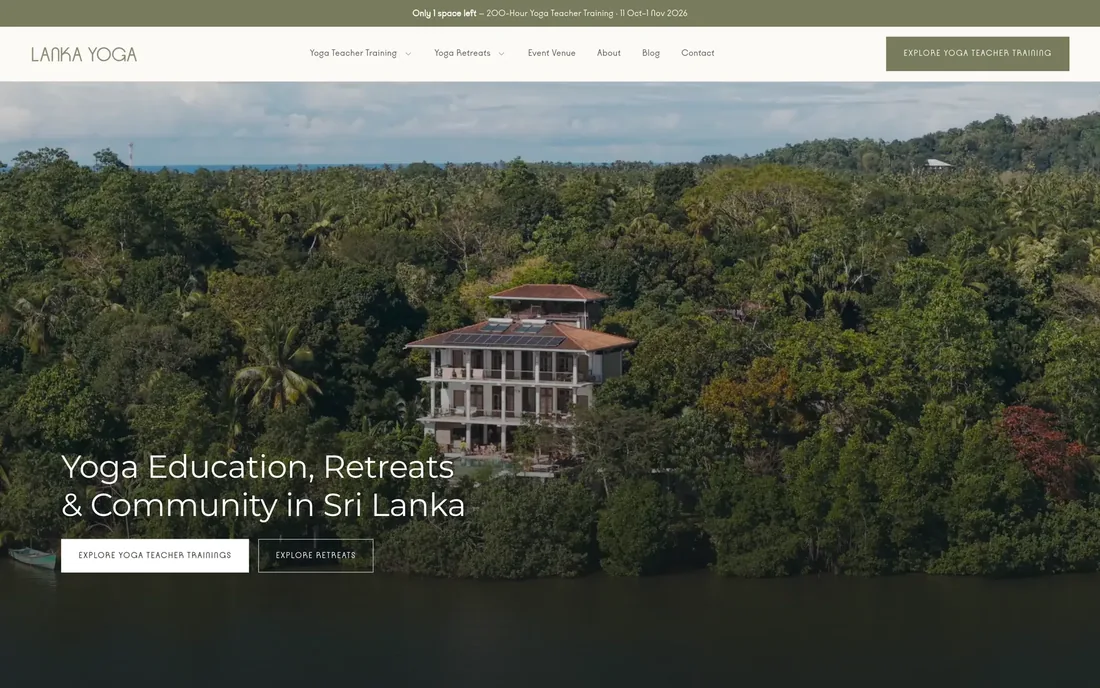 Startseite der neuen Lanka-Yoga-Website mit Blick auf das Retreat-Zentrum am Koggala-See