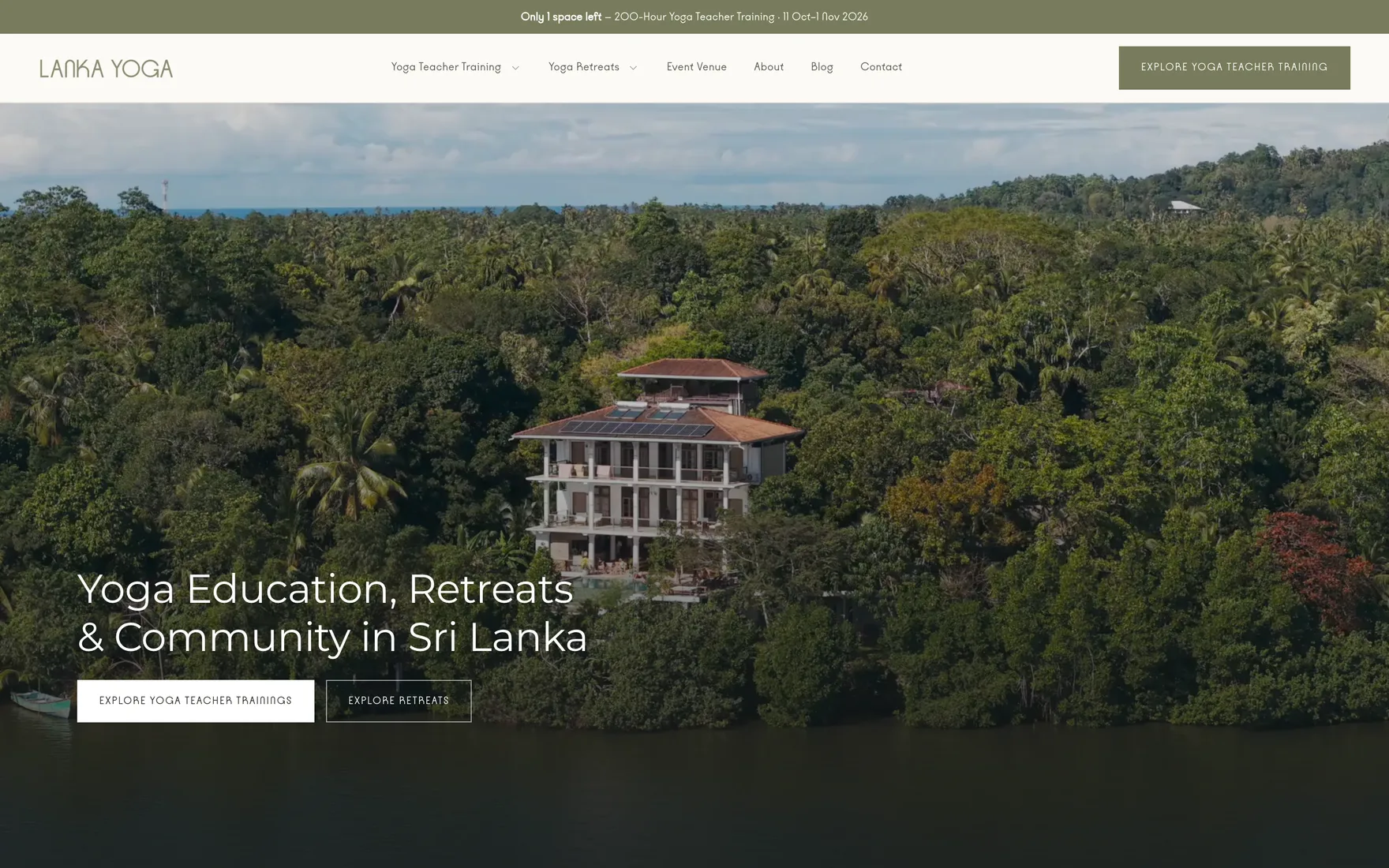 Startseite der neuen Lanka-Yoga-Website mit Blick auf das Retreat-Zentrum am Koggala-See