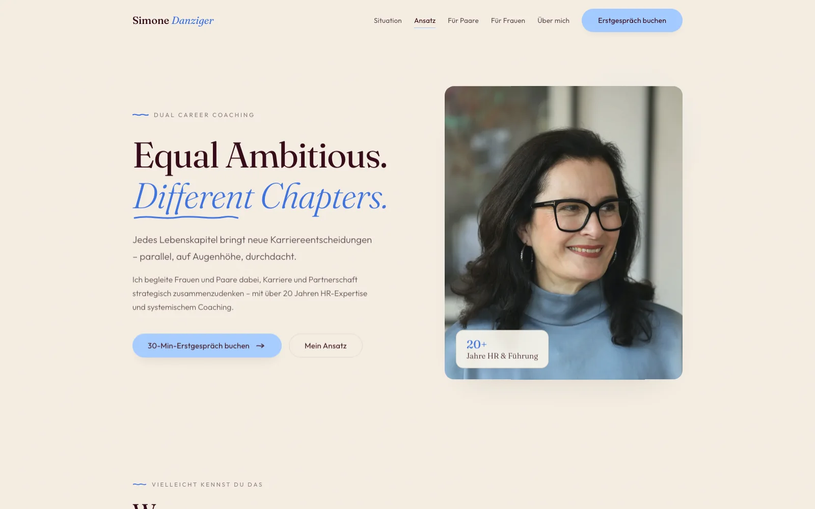 Startseite von Simone Danziger mit dem Claim Equal Ambitious. Different Chapters.