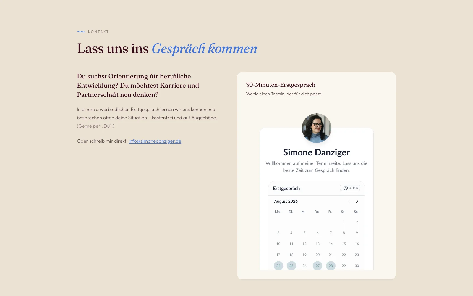 Kontakt & Buchung, Abschnitt der Website von Simone Danziger