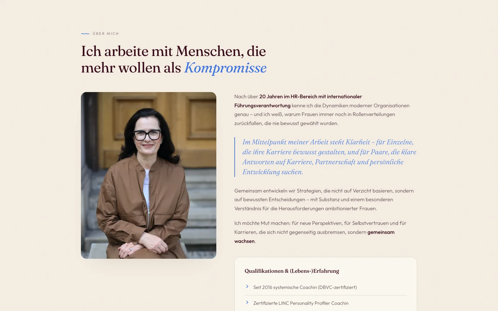 Über mich, Abschnitt der Website von Simone Danziger